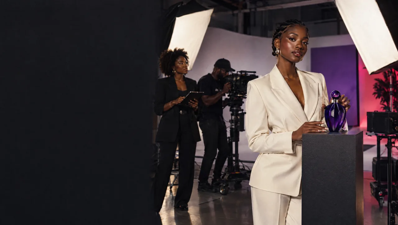 Un shooting de campagne avec une créatrice et une équipe de production.