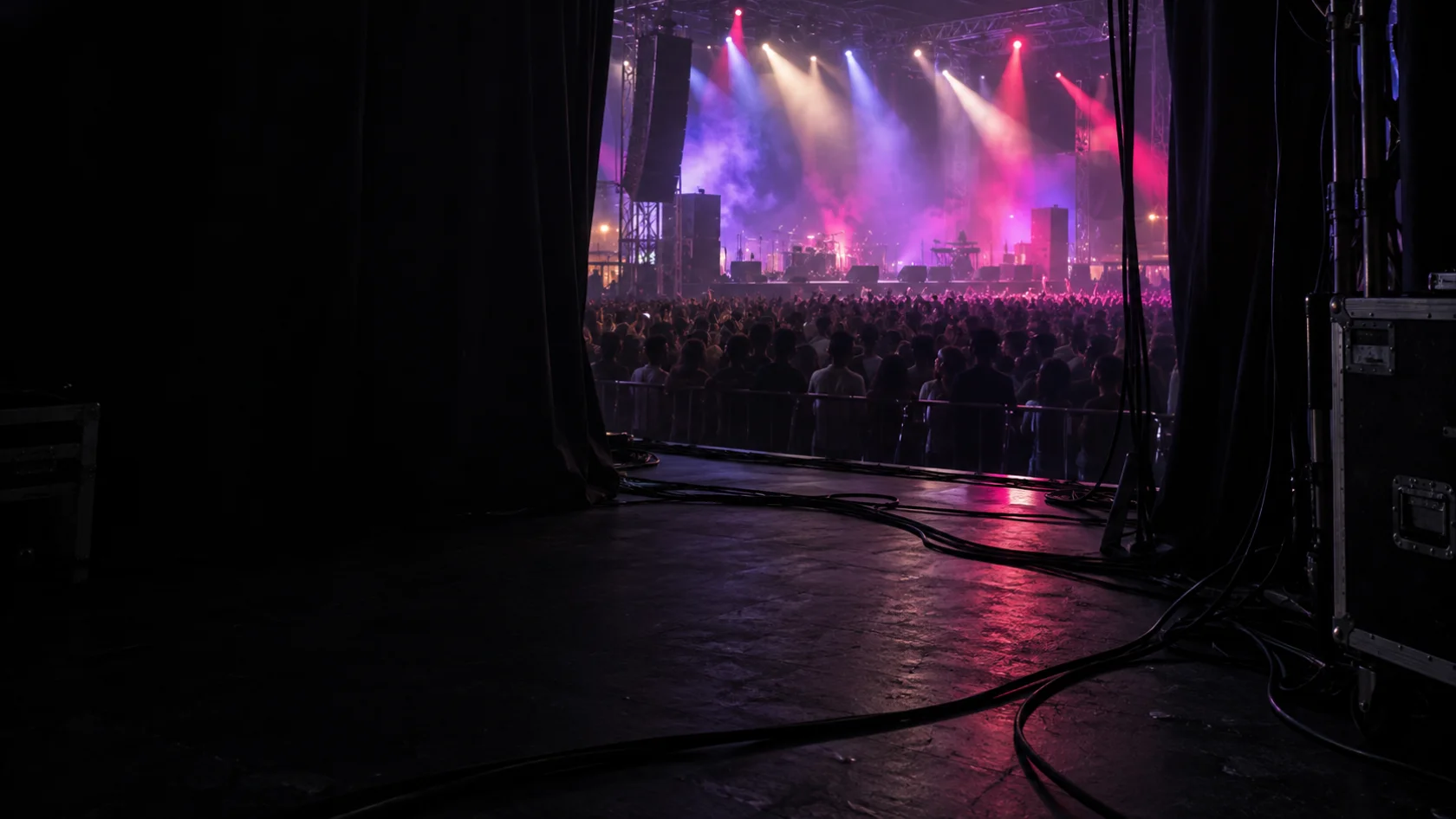 Ambiance illustrative : une entrée de scène éclairée de violet et de rose, vue depuis les coulisses